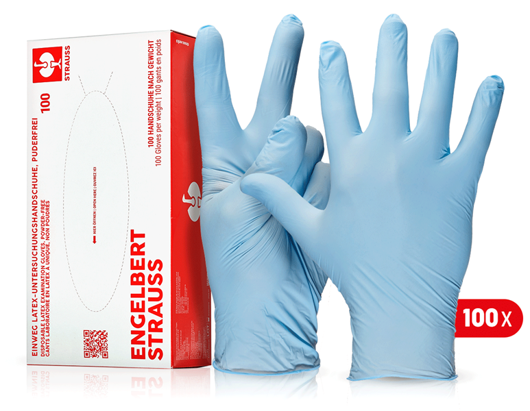 Main view, Gloves, Disposable latex examination gloves, powder-free, blue