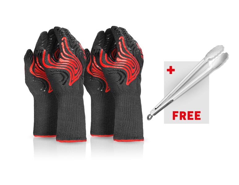 2x Heat-resistant gloves Heat-Expert + BBQ-tongs