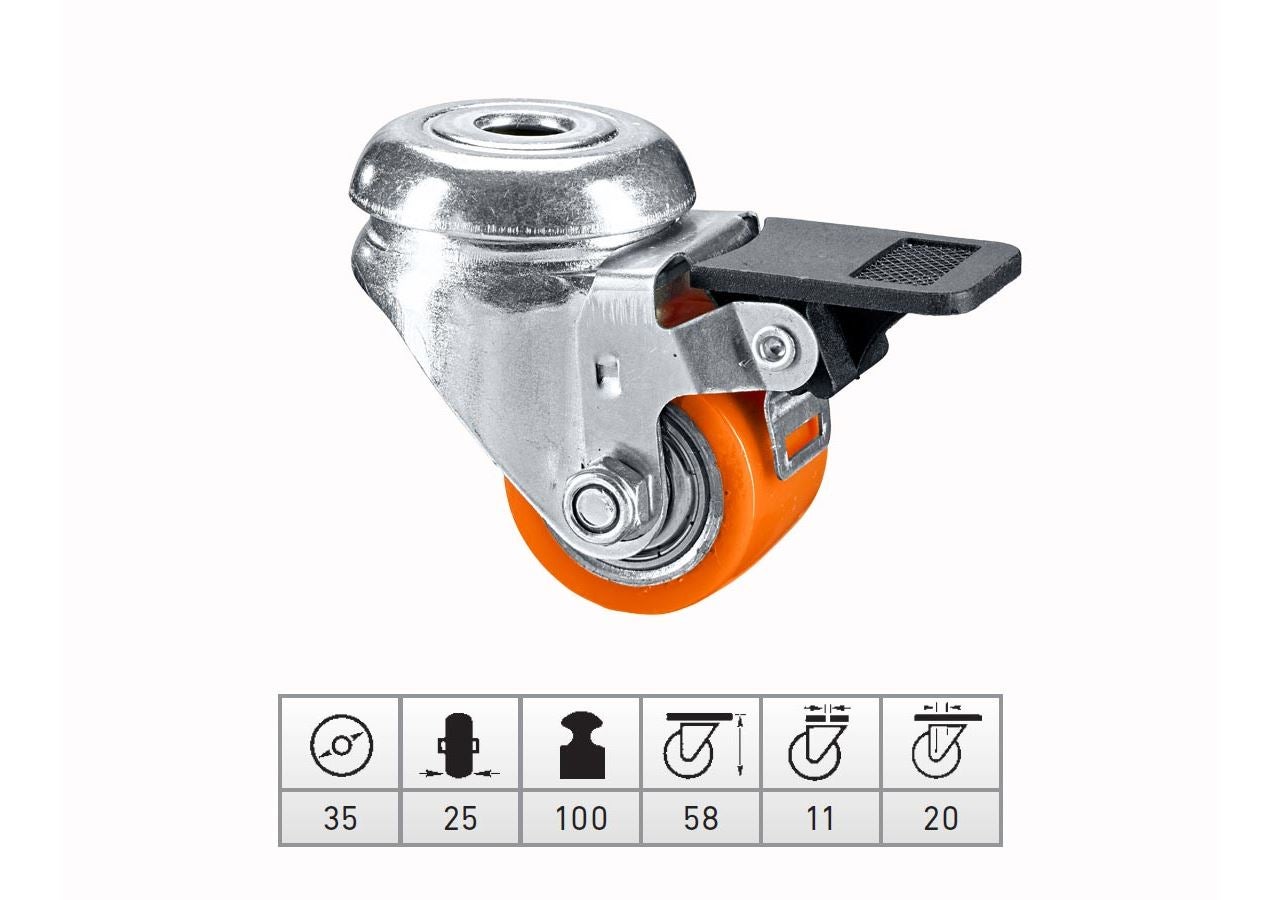 Transport rolls: Compact rollers with rear hole + brake