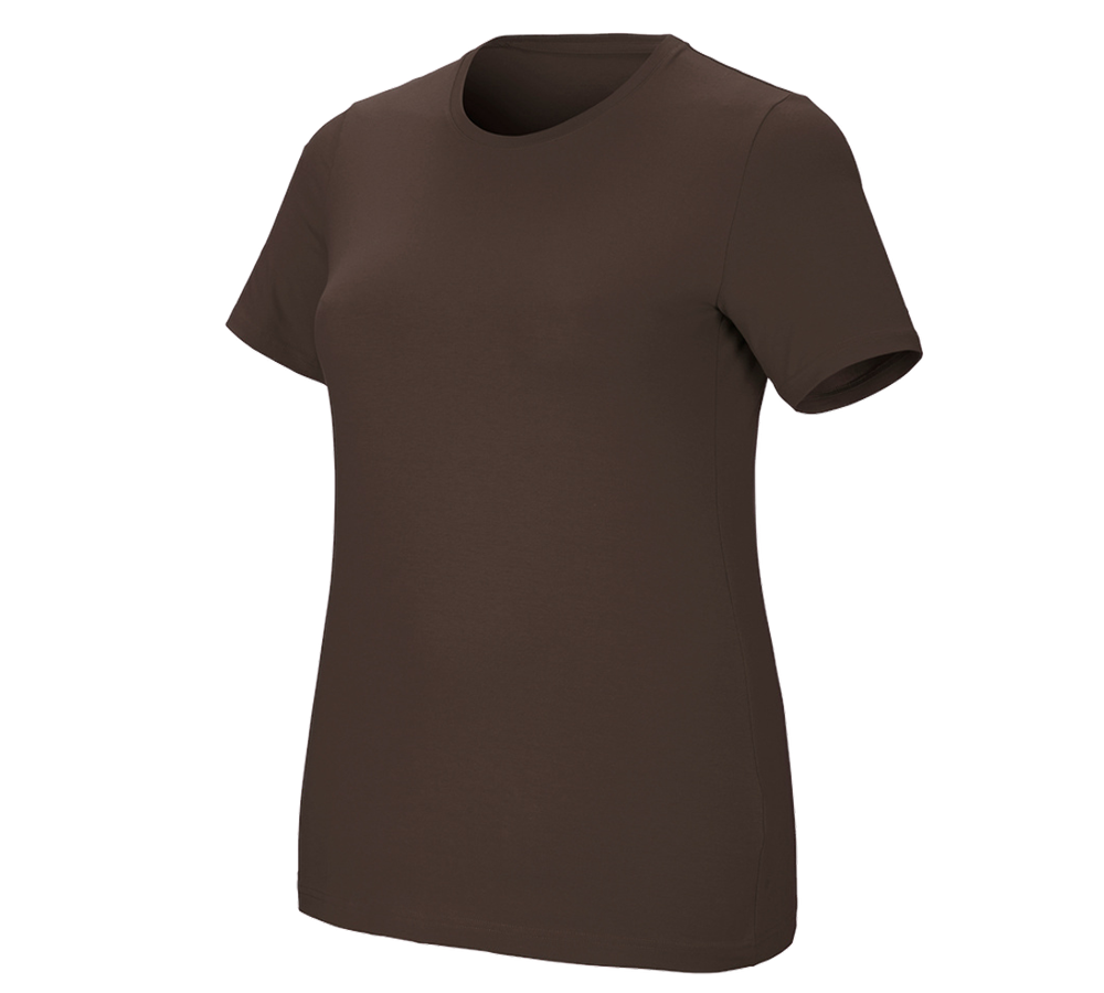 Överdelar: e.s. T-shirt cotton stretch, dam, plus fit + kastanj