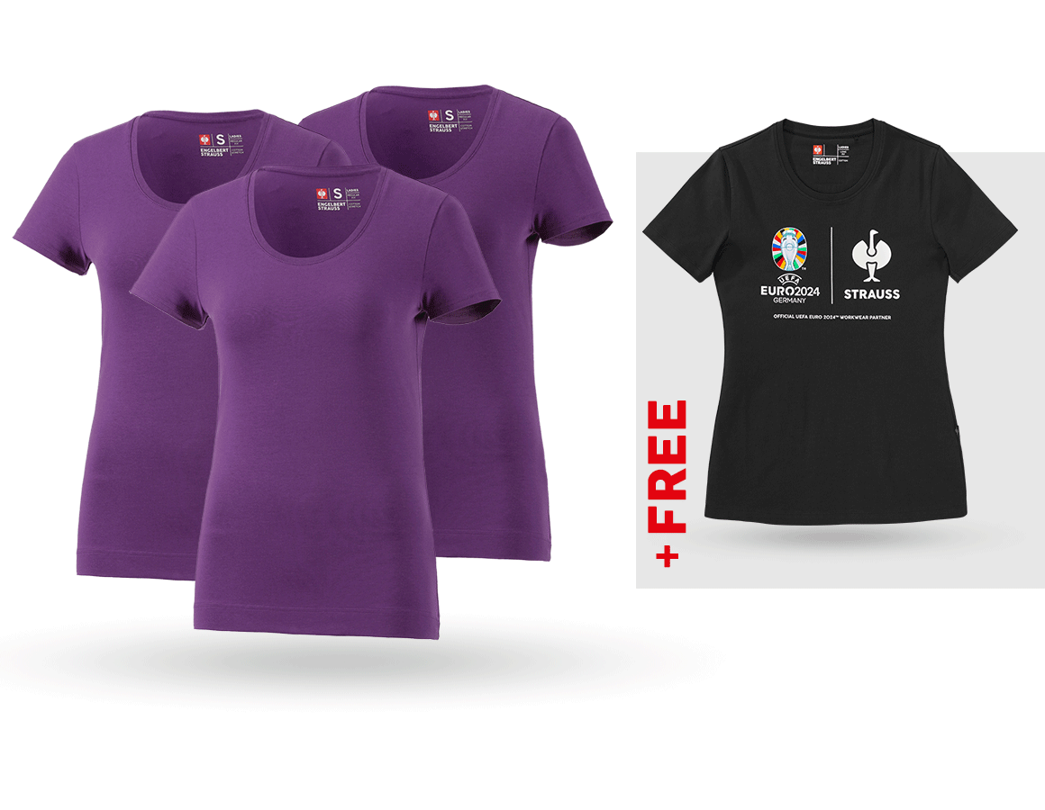 Clothing: SET: 3x women's T-Shirt cotton stretch + Shirt + violet