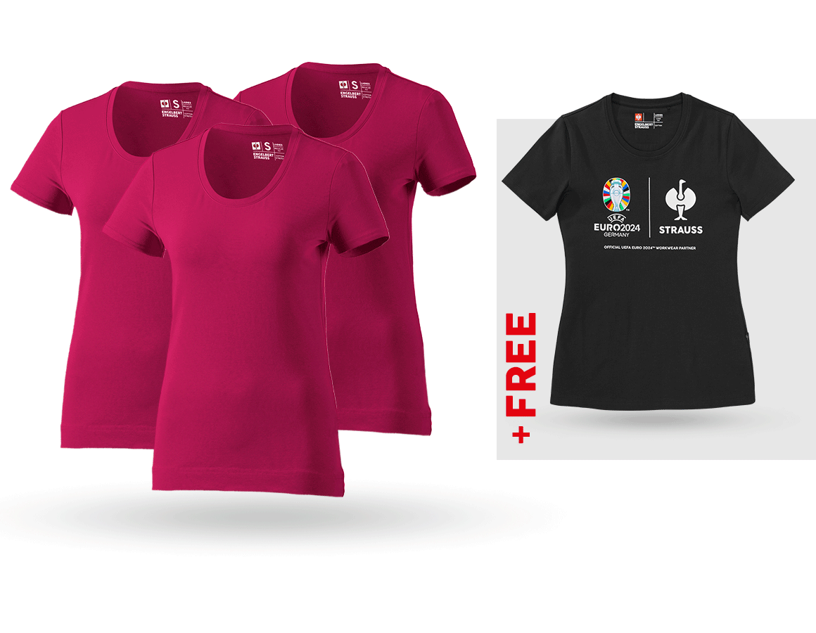 Clothing: SET: 3x women's T-Shirt cotton stretch + Shirt + berry