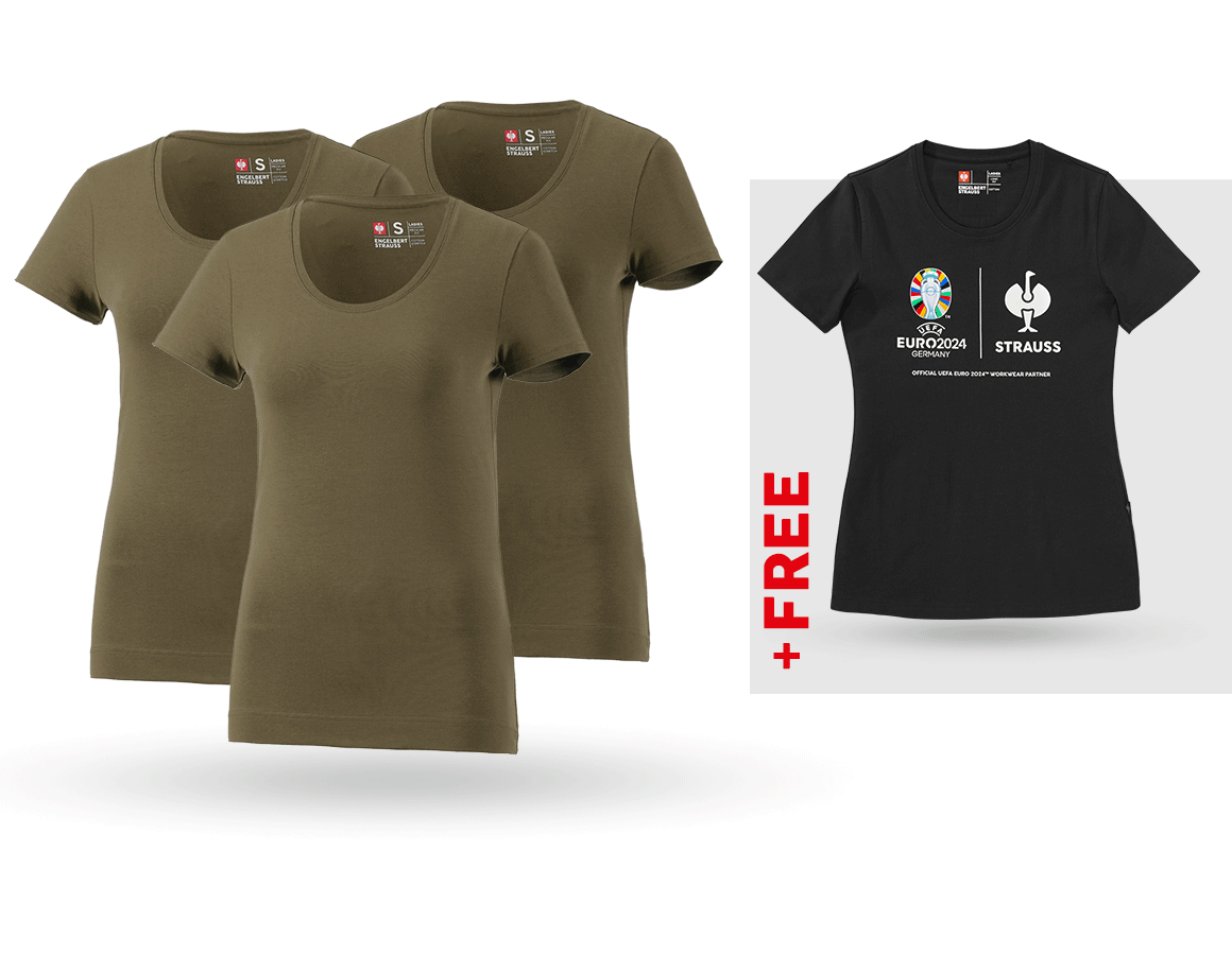 Clothing: SET: 3x women's T-Shirt cotton stretch + Shirt + mudgreen