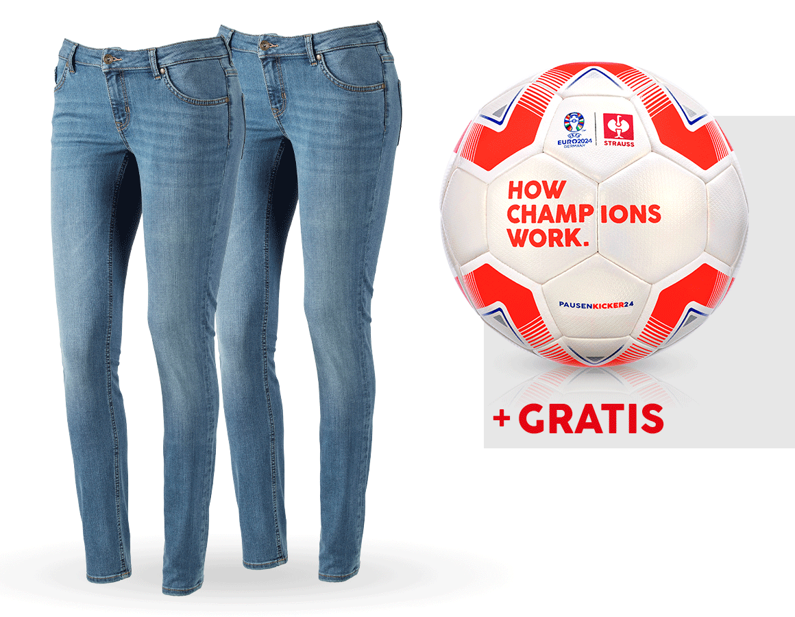 Kläder: SET: 2x 5-fickors-stretch-jeans, dam + fotboll + stonewashed