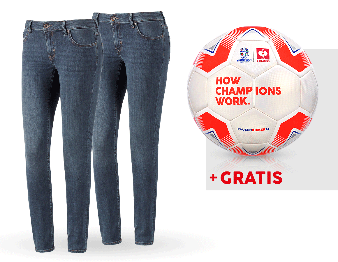 Kläder: SET: 2x 5-fickors-stretch-jeans, dam + fotboll + mediumwashed