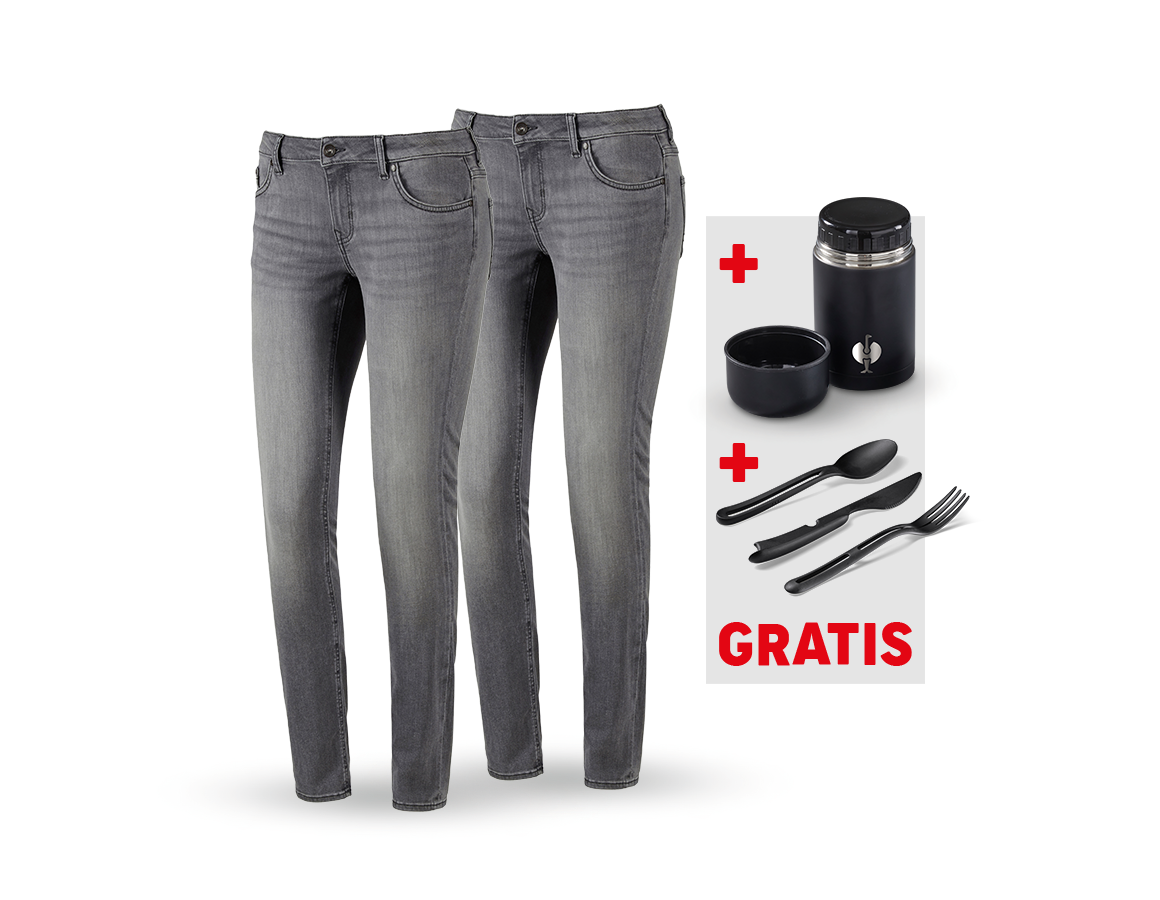Kläder: SET: 2x 5-pocket-stretch-jeans, dam+matl.+bestick + graphitewashed