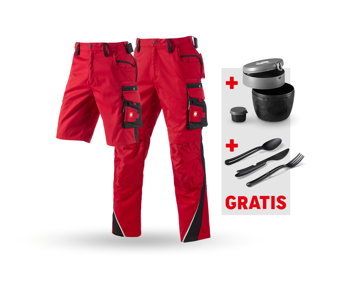 Kläder: SET: Midjebyxa+shorts e.s.motion+lunchlåda+bestick + röd/svart