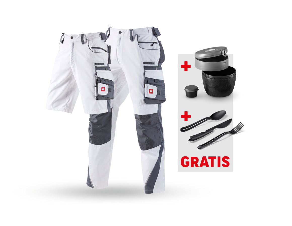 Kläder: SET: Midjebyxa+shorts e.s.motion+lunchlåda+bestick + vit/grå
