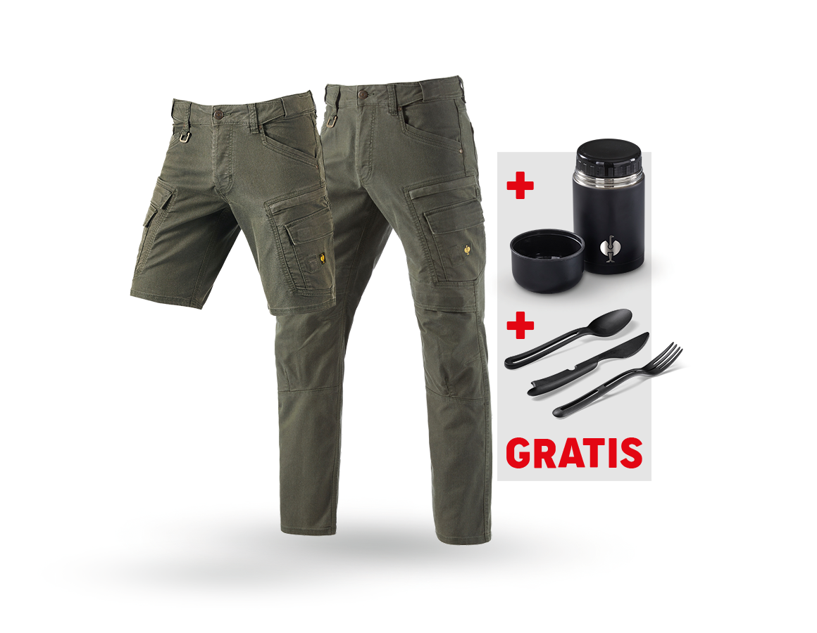 Kläder: SET:Cargobyxa+shorts e.s.vintage+lunchlåda+bestick + kamouflagegrön