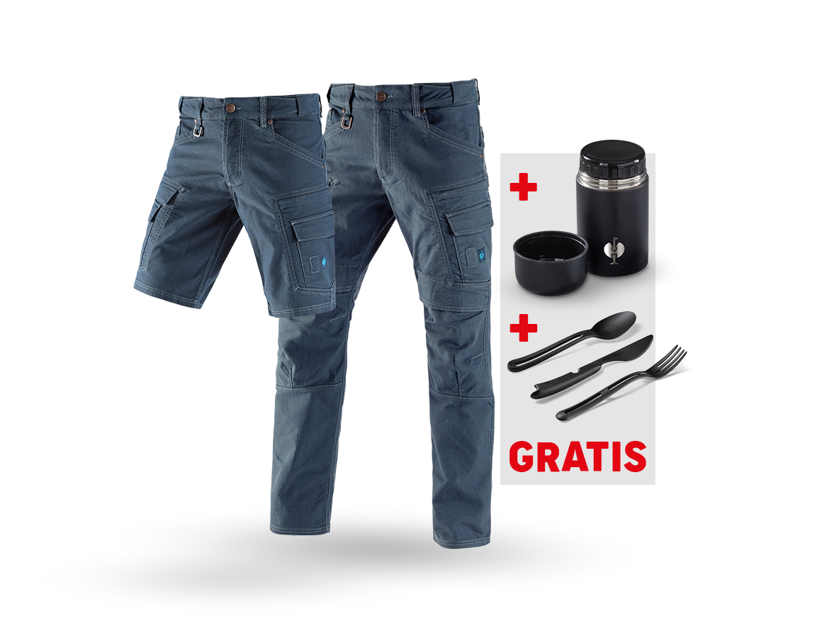 Kläder: SET:Cargobyxa+shorts e.s.vintage+lunchlåda+bestick + arktisk blå