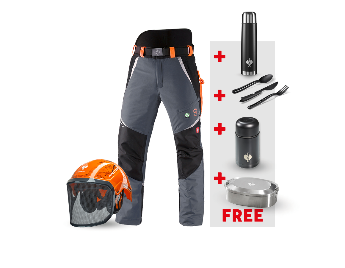 Clothing: SET: e.s. Forestry cut prot. trousers KWF + helmet + grey/high-vis orange