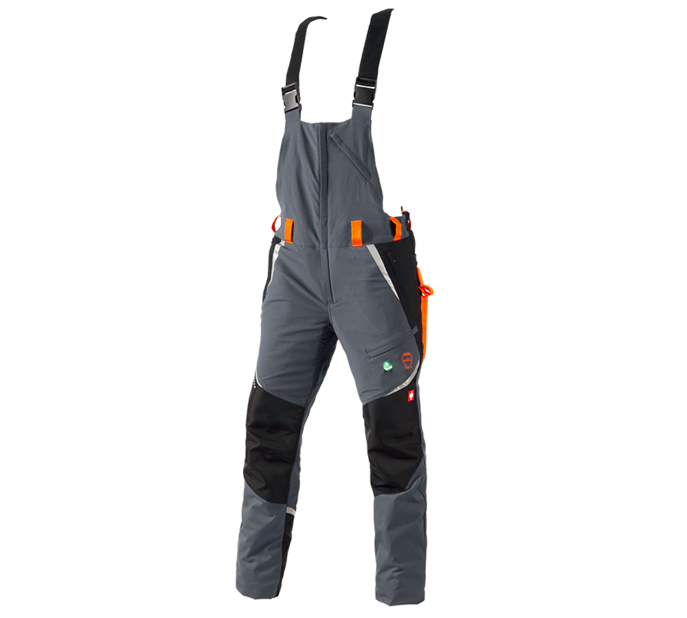Forestry / Cut Protection Clothing: e.s. Forestry cut protection bib & brace, KWF + grey/high-vis orange