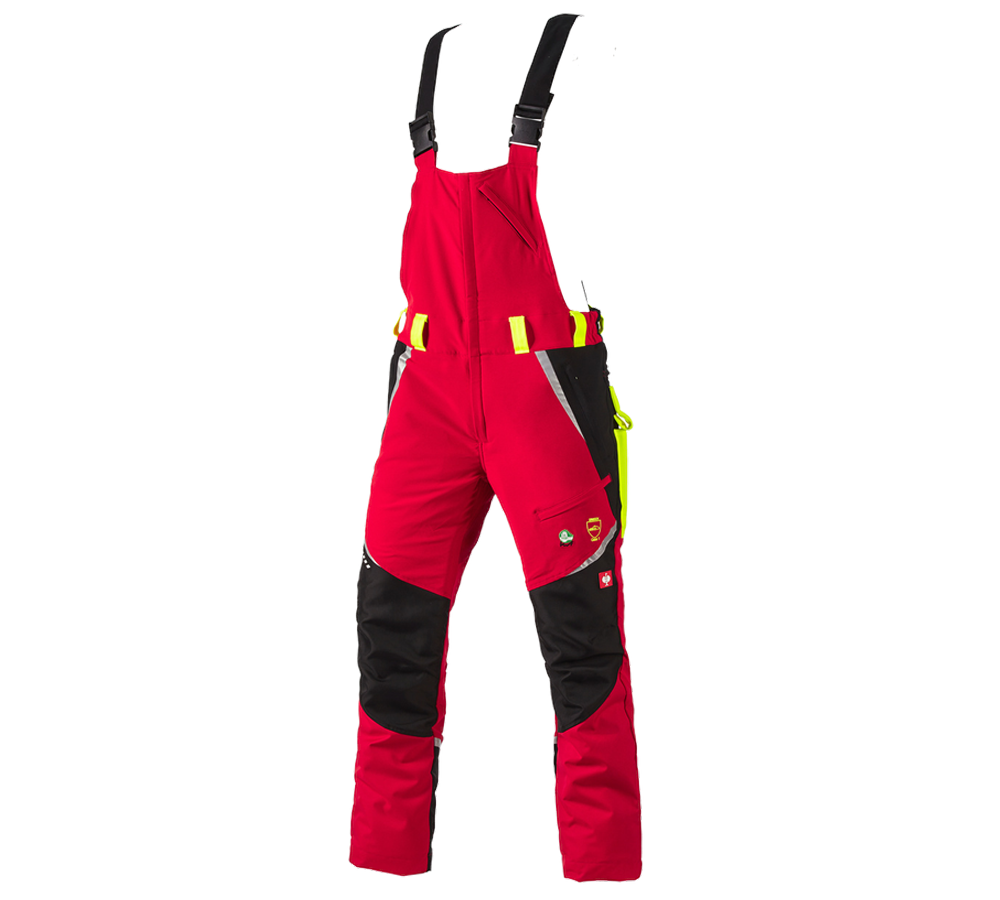 Work Trousers: e.s. Forestry cut protection bib & brace, KWF + red/high-vis yellow