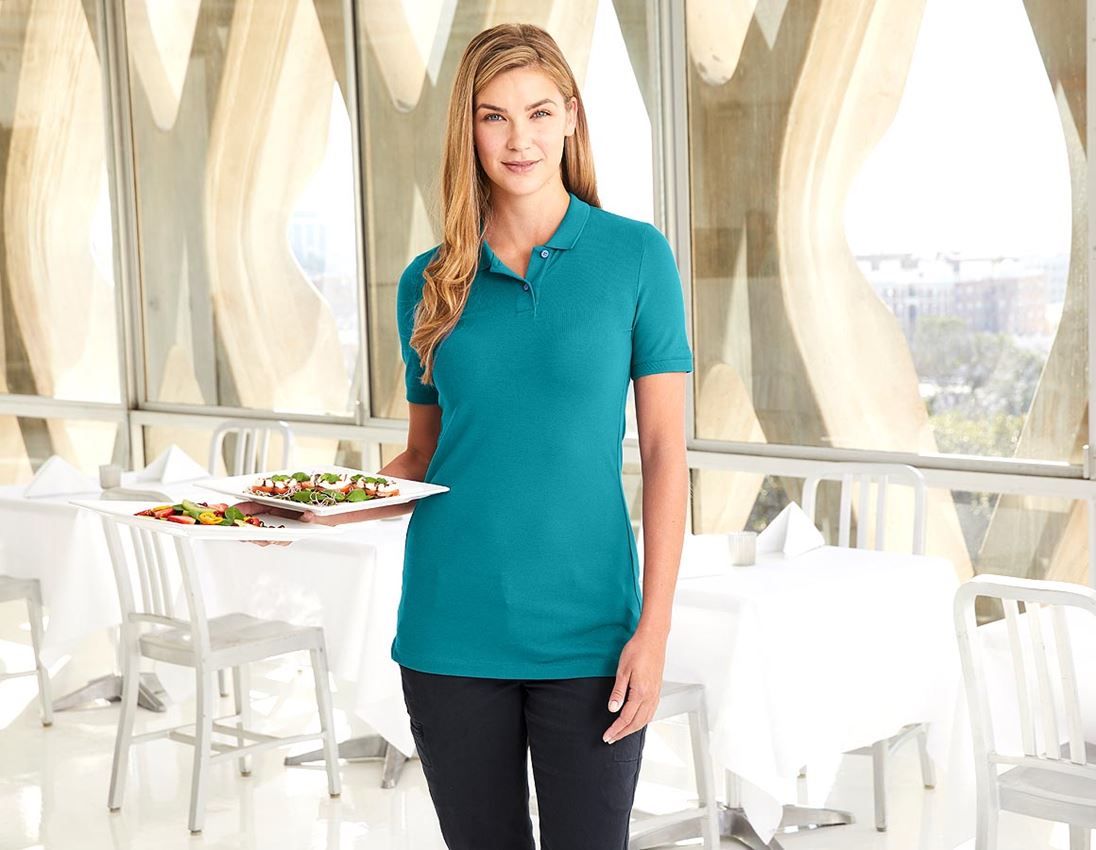 Gardening / Forestry / Farming: e.s. Pique-Polo cotton stretch, ladies', long fit + ocean