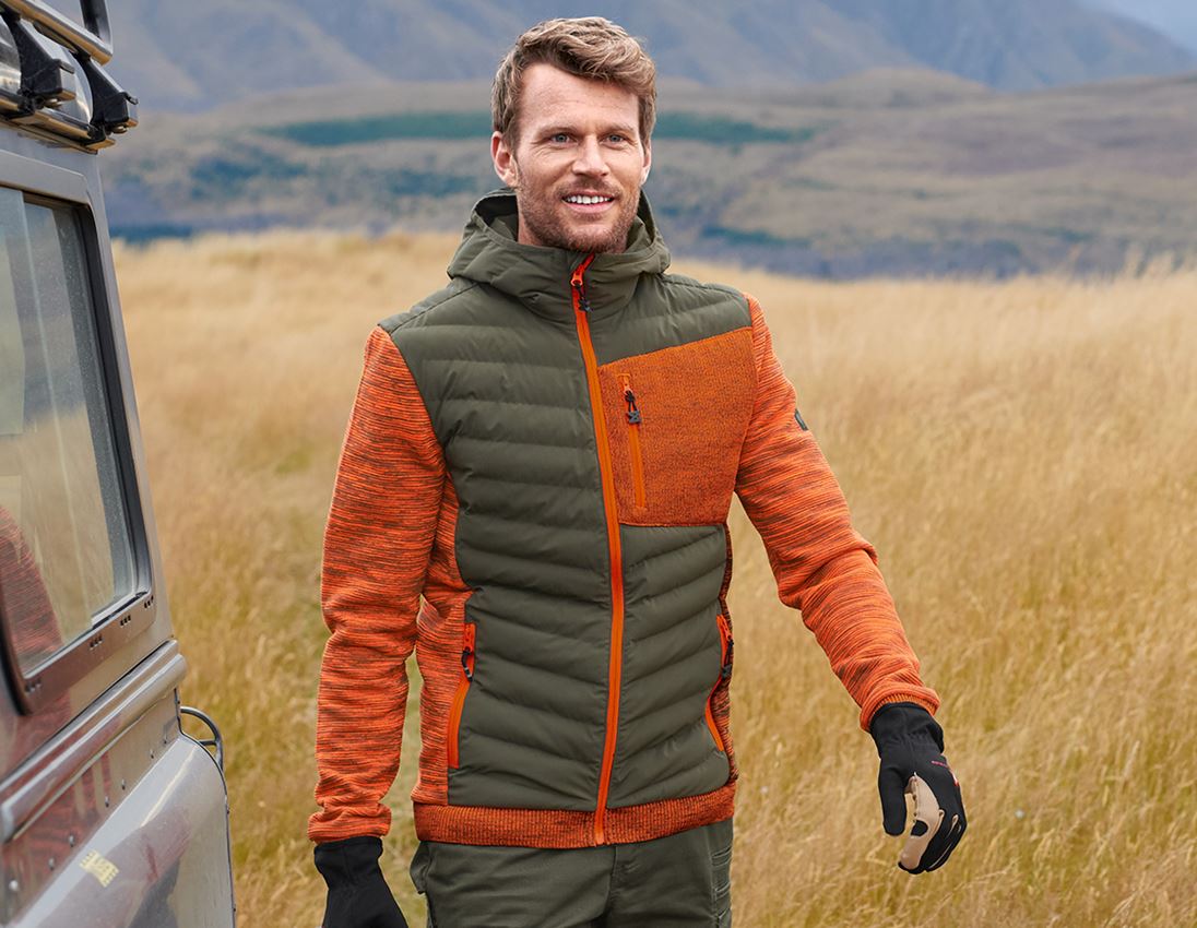Work Jackets: Hybrid hooded knitted jacket e.s.motion ten + disguisegreen/high-vis orange melange