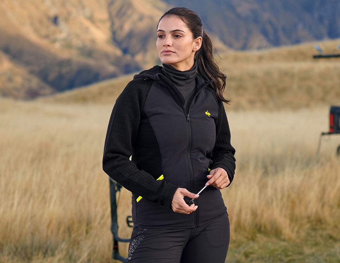 Clothing: Hybrid hooded knitted jacket e.s.trail, ladies' + black/acid yellow