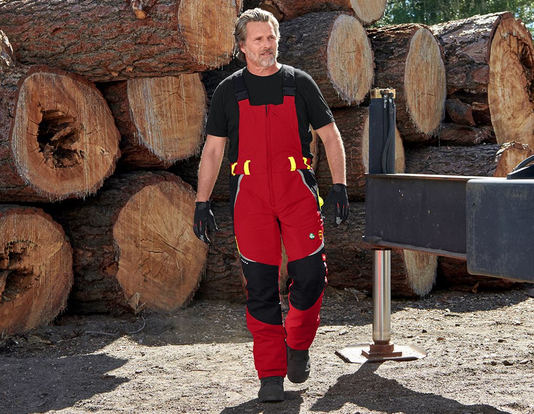 Work Trousers: e.s. Forestry cut protection bib & brace, KWF + red/high-vis yellow