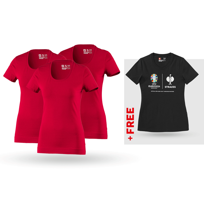 Clothing: SET: 3x women's T-Shirt cotton stretch + Shirt + fiery red