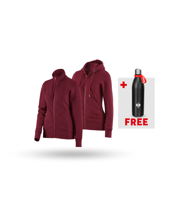 Clothing: SET: Sweat jacket + hoody sweat jacket, ladies' + bordeaux