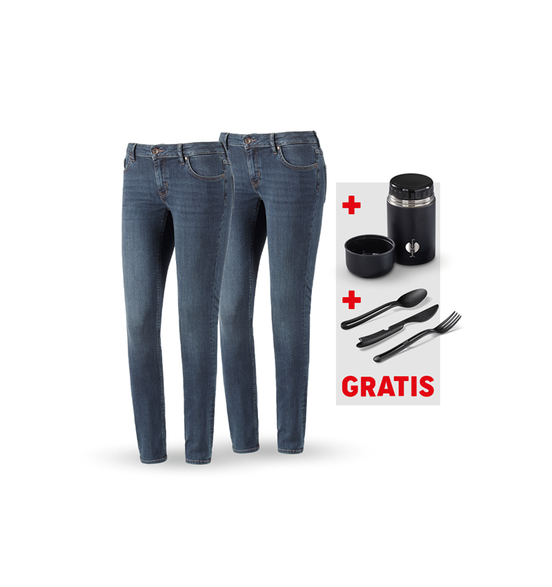 Kläder: SET: 2x 5-pocket-stretch-jeans, dam+matl.+bestick + mediumwashed