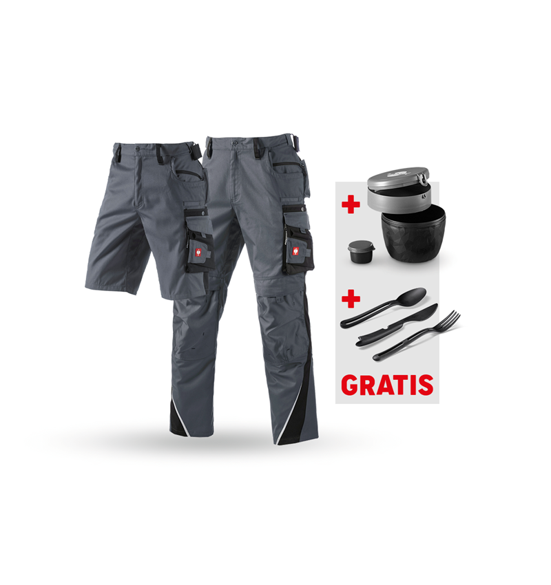 Kläder: SET: Midjebyxa+shorts e.s.motion+lunchlåda+bestick + grå/svart