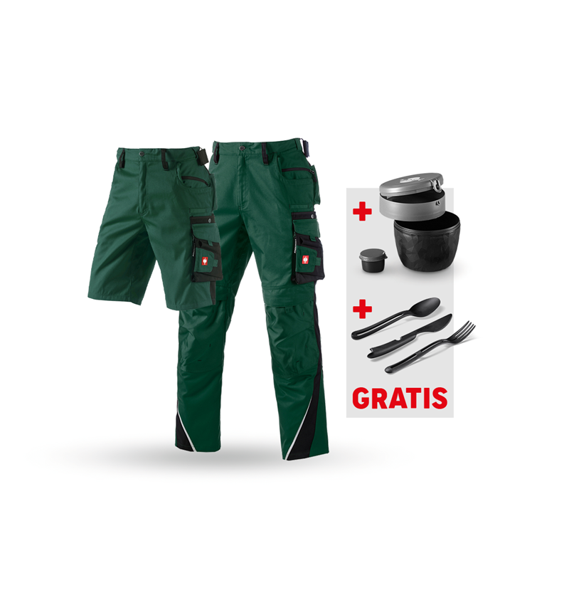 Kläder: SET: Midjebyxa+shorts e.s.motion+lunchlåda+bestick + grön/svart