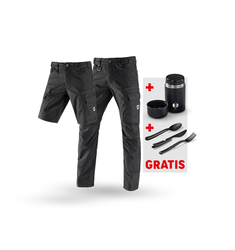 Kläder: SET:Cargobyxa+shorts e.s.vintage+lunchlåda+bestick + svart