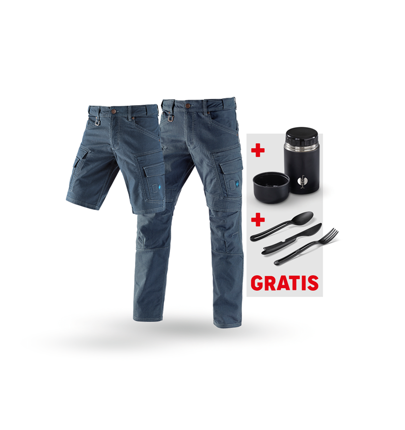Kläder: SET:Cargobyxa+shorts e.s.vintage+lunchlåda+bestick + arktisk blå