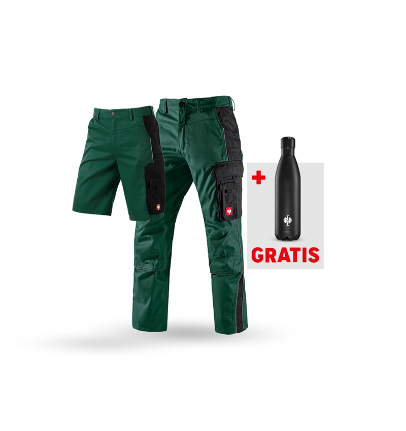 Kläder: SET: Midjebyxa + shorts e.s.active + drickflaska + grön/svart