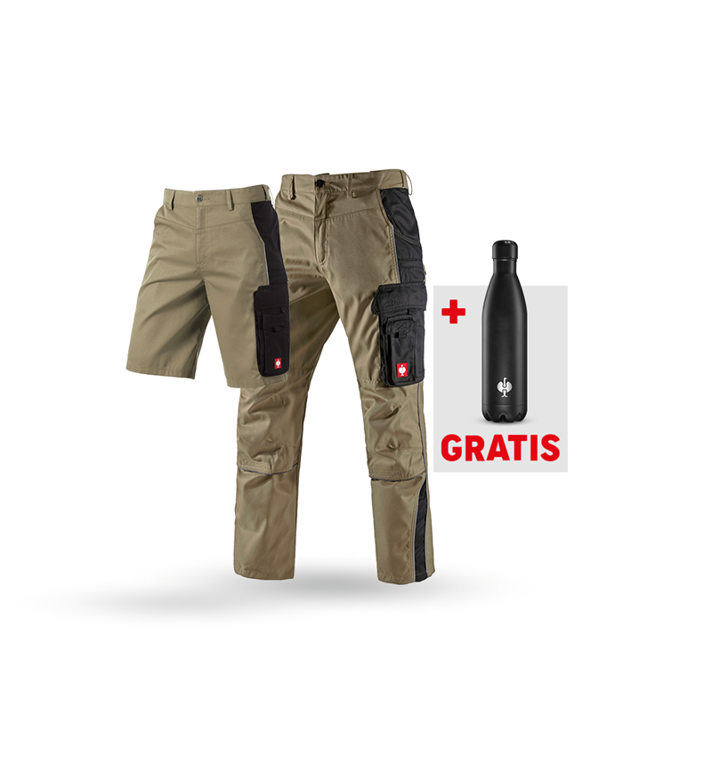 Kläder: SET: Midjebyxa + shorts e.s.active + drickflaska + khaki/svart