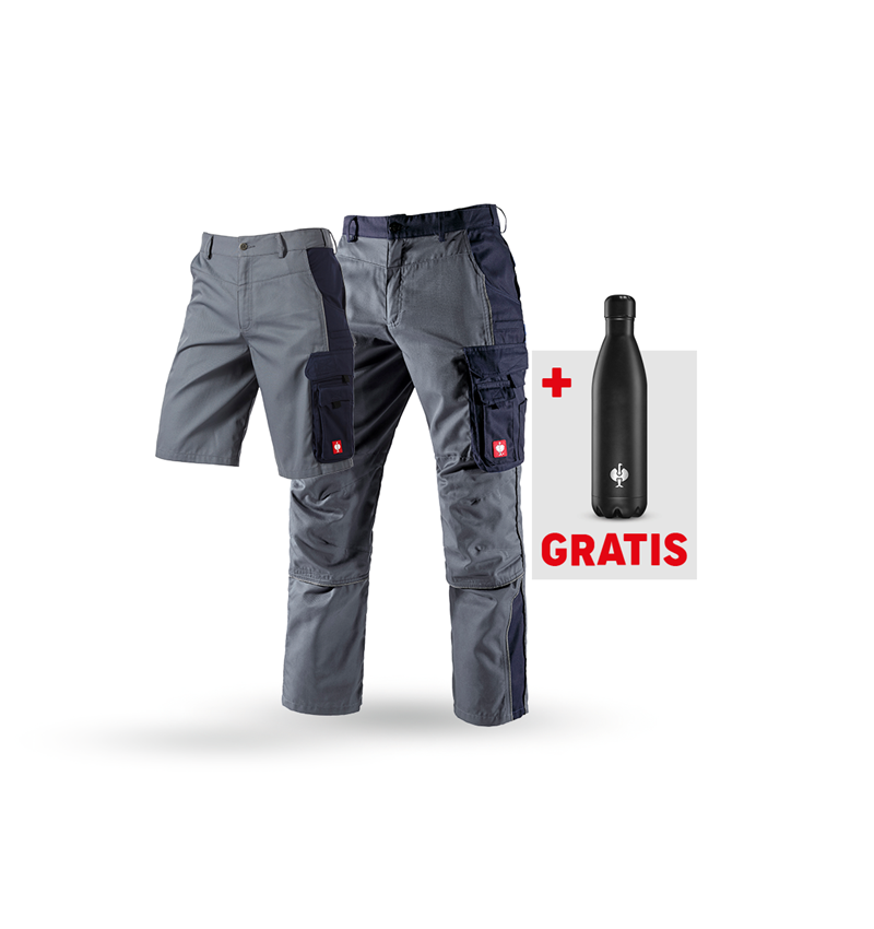 Kläder: SET: Midjebyxa + shorts e.s.active + drickflaska + grå/mörkblå