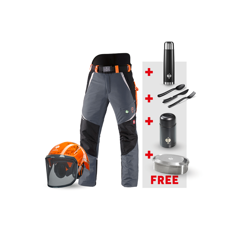 Clothing: SET: e.s. Forestry cut prot. trousers KWF + helmet + grey/high-vis orange