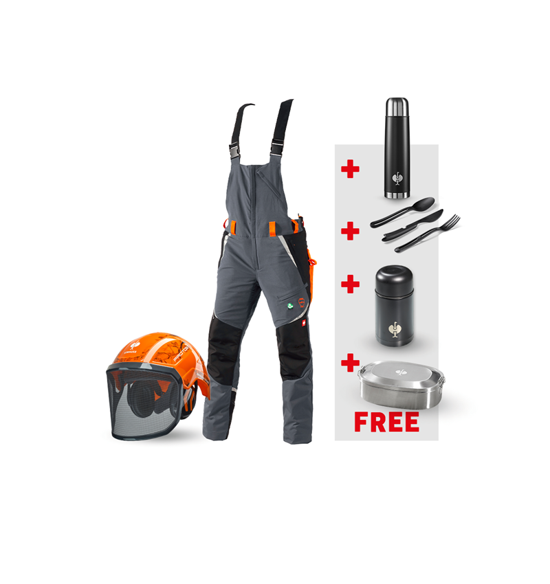 Clothing: SET: e.s. Forestry cut prot. bib&brace KWF+ helmet + grey/high-vis orange