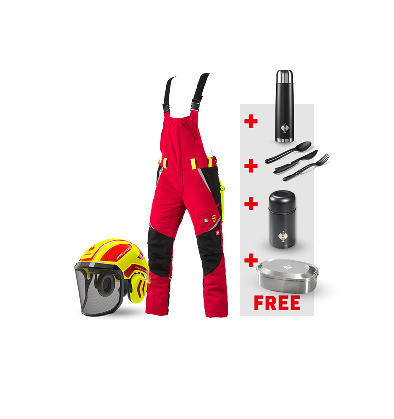 Clothing: SET: e.s. Forestry cut prot. bib&brace KWF+ helmet + red/high-vis yellow