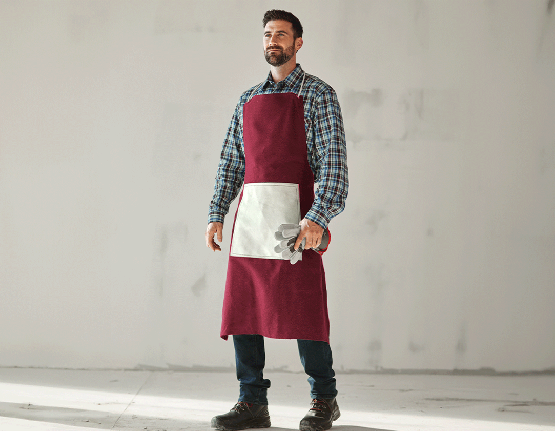 Aprons: Canvas apron with leather stomach reinforcement + bordeaux/white